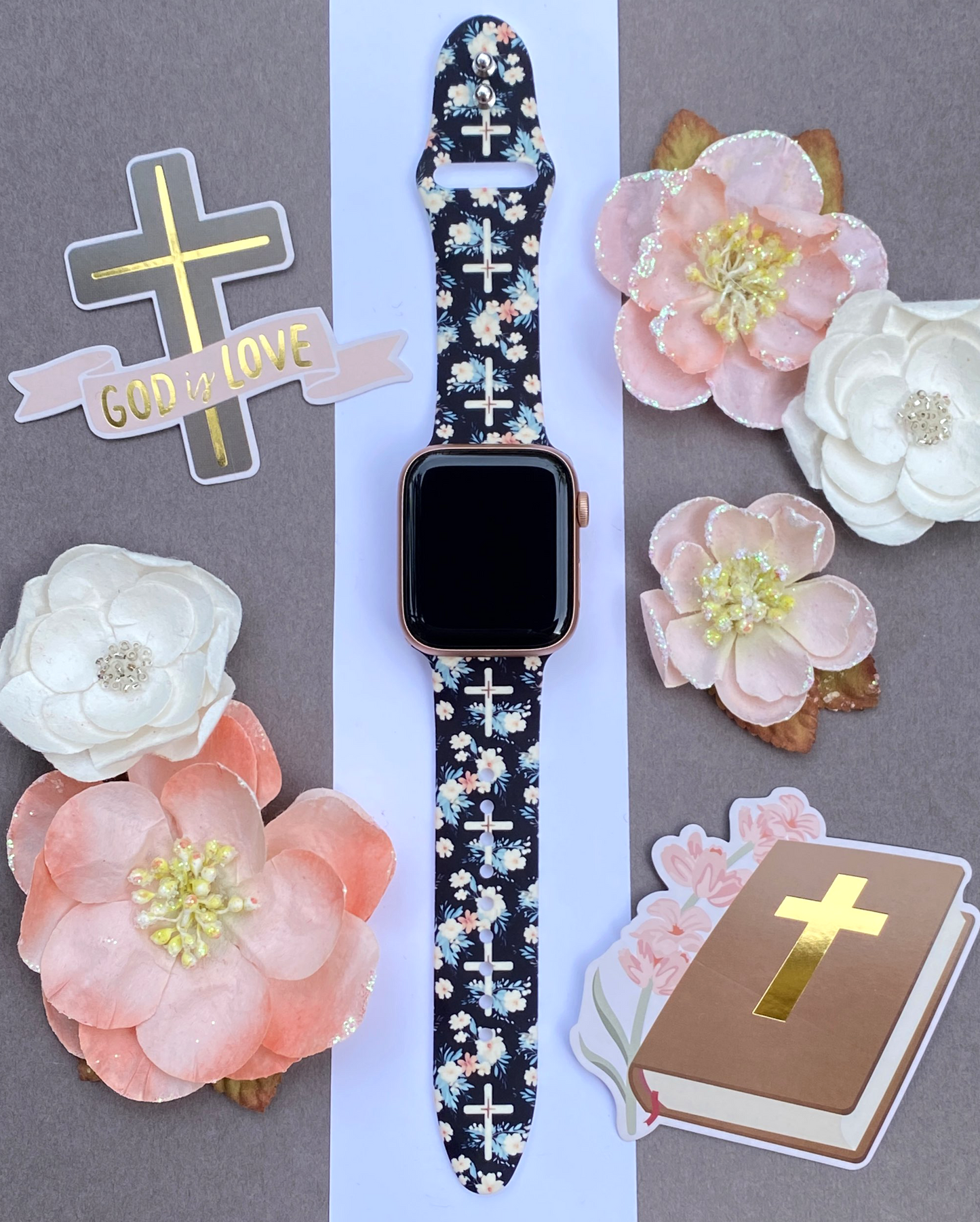Floral Cross Black Apple Watch Band